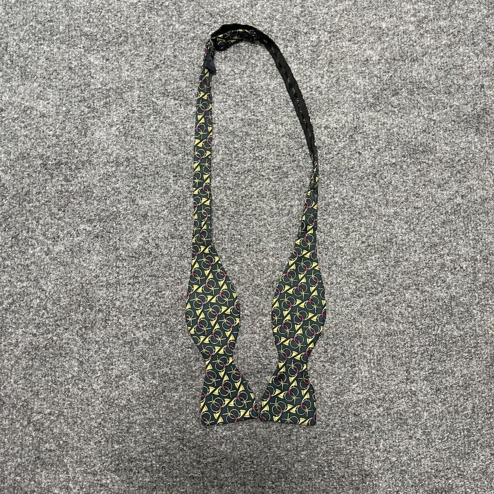 Mens Self-Tie Bow Tie All Silk USA Adjustable Black/Green Pattern 13 3/4" To 16"